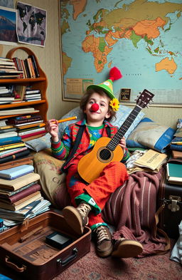 A young adventurer boy lounging in his messy room, surrounded by travel memorabilia