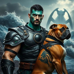 A handsome Goliath fighter featuring short black hair and a goatee, with striking teal skin and fierce green eyes