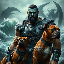 A handsome Goliath fighter featuring short black hair and a goatee, with striking teal skin and fierce green eyes