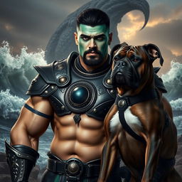 A handsome Goliath fighter featuring short black hair and a goatee, with striking teal skin and fierce green eyes
