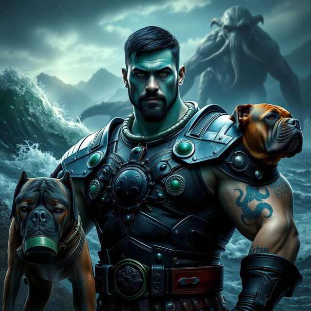 A handsome Goliath fighter featuring short black hair and a goatee, with striking teal skin and fierce green eyes