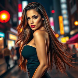 A stunningly attractive woman with long flowing hair, wearing a form-fitting, stylish outfit that accentuates her curves