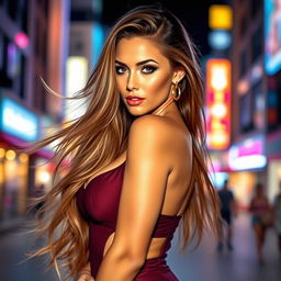 A stunningly attractive woman with long flowing hair, wearing a form-fitting, stylish outfit that accentuates her curves