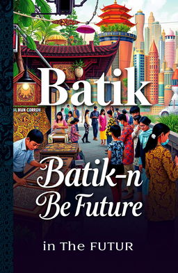 A captivating book cover poster entitled 'Batik-in The Future', featuring a vibrant and colorful depiction of batik shops bustling with activity