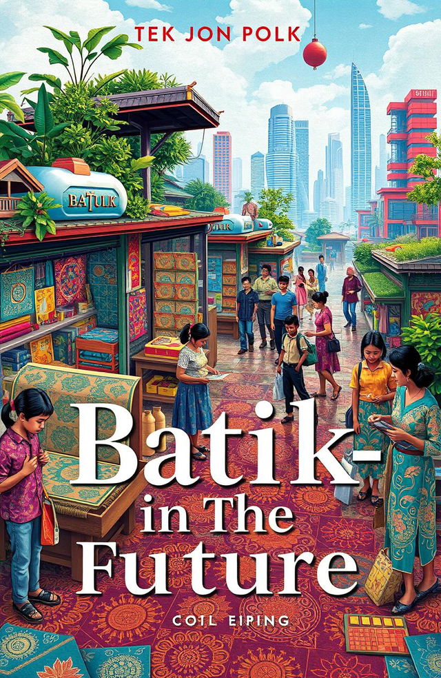 A captivating book cover poster entitled 'Batik-in The Future', featuring a vibrant and colorful depiction of batik shops bustling with activity