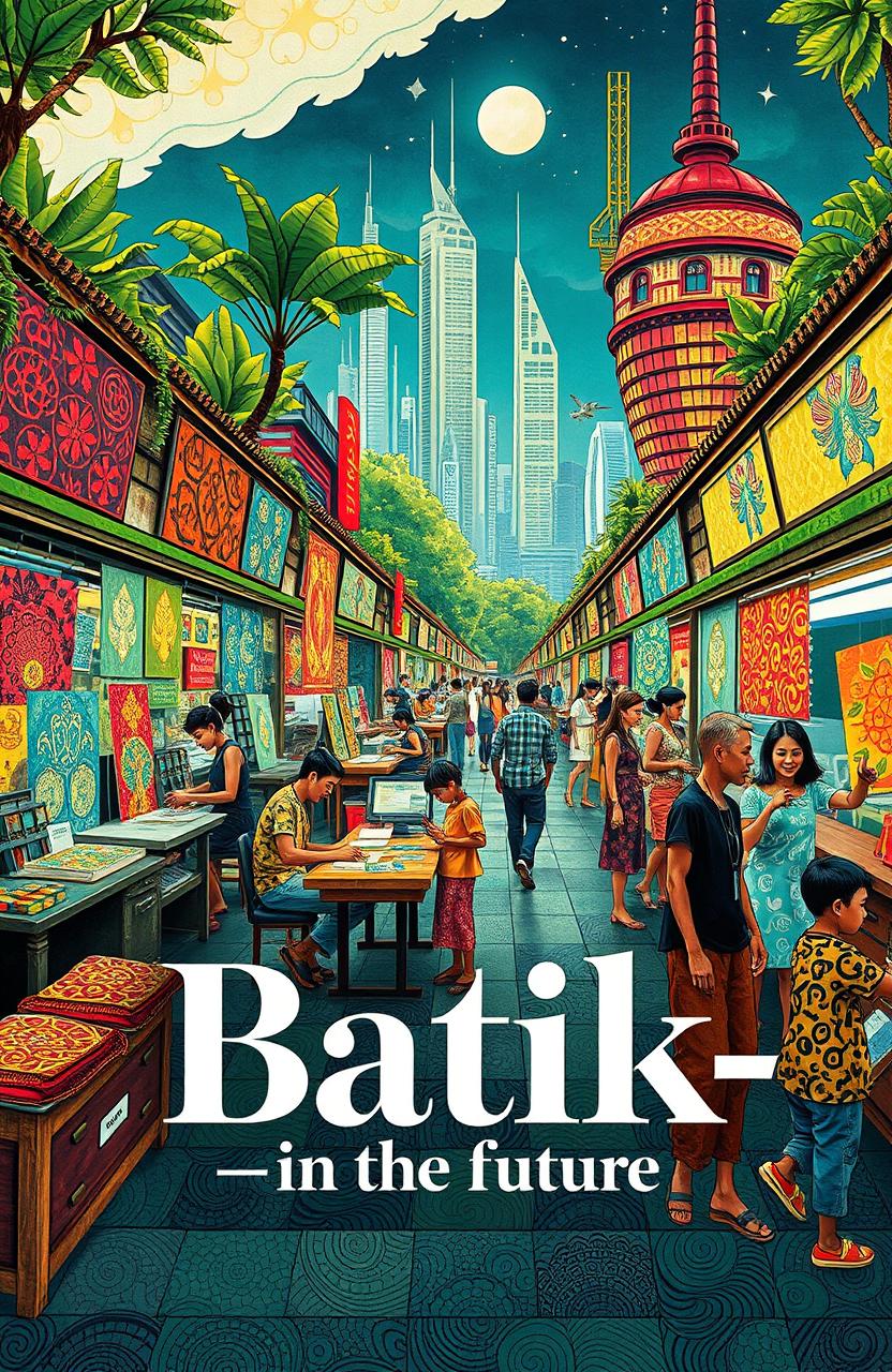 A captivating book cover poster entitled 'Batik-in The Future', featuring a vibrant and colorful depiction of batik shops bustling with activity