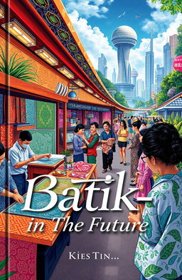 A captivating book cover poster entitled 'Batik-in The Future', featuring a vibrant and colorful depiction of batik shops bustling with activity