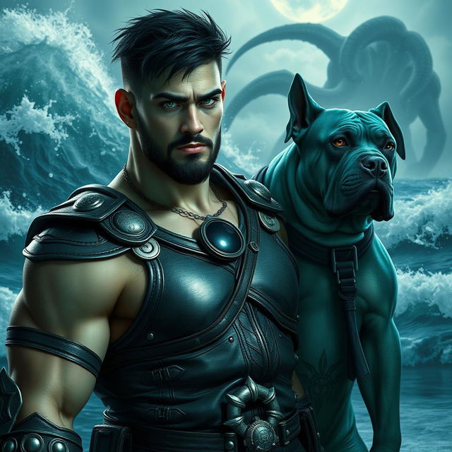 A handsome Goliath fighter featuring short black hair and a goatee, sporting an alluring teal-green skin tone and striking green eyes