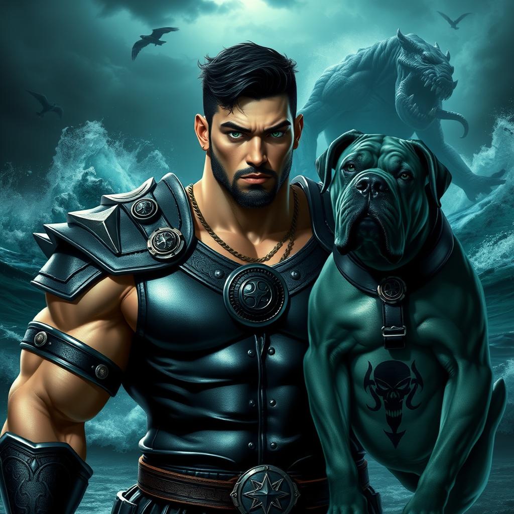 A handsome Goliath fighter featuring short black hair and a goatee, sporting an alluring teal-green skin tone and striking green eyes