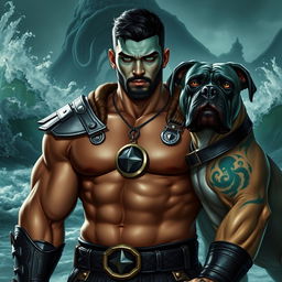 A handsome Goliath fighter featuring short black hair and a goatee, sporting an alluring teal-green skin tone and striking green eyes