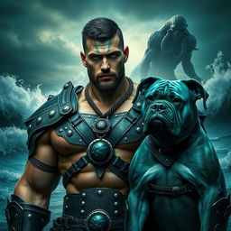 A handsome Goliath fighter featuring short black hair and a goatee, sporting an alluring teal-green skin tone and striking green eyes
