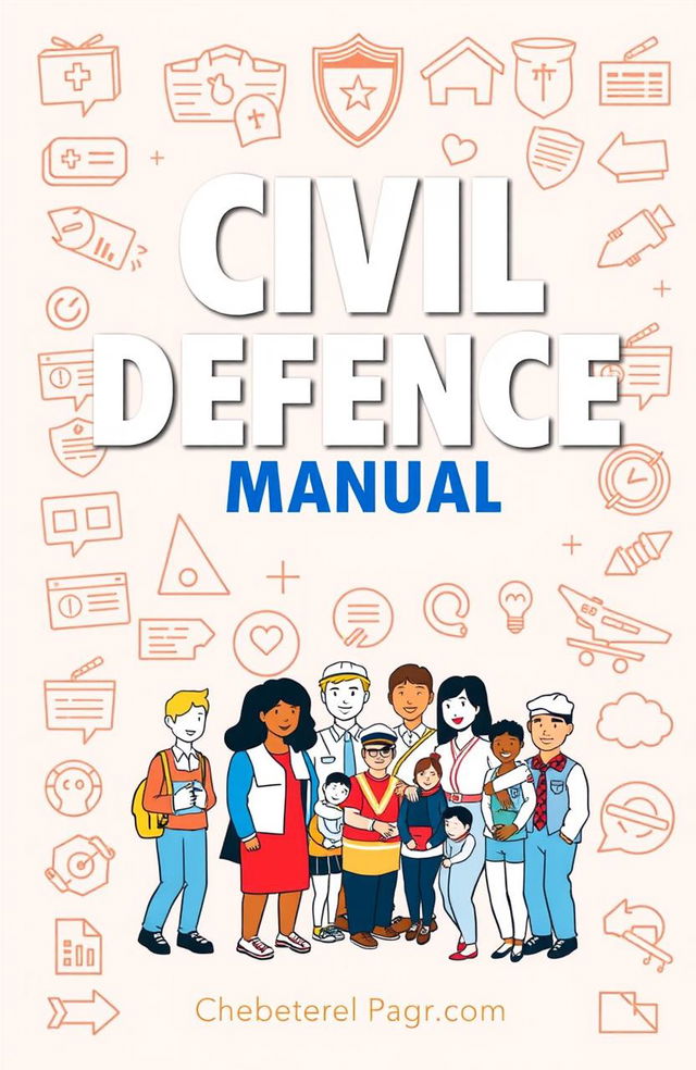 An informative book cover design for a Civil Defence manual, featuring a strong, bold title in an authoritative font