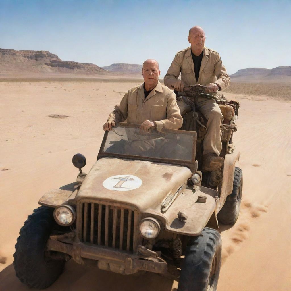 An adventurous scene featuring actor Bruce Willis and the character Tintin driving an all-terrain vehicle across an expansive desert.