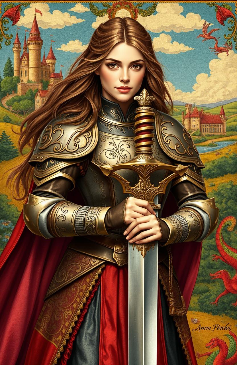 A medieval heroine in elaborate armor with intricate designs, leaning confidently on her gleaming sword