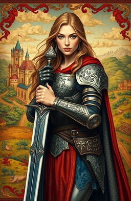 A medieval heroine in elaborate armor with intricate designs, leaning confidently on her gleaming sword
