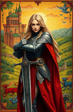 A medieval heroine in elaborate armor with intricate designs, leaning confidently on her gleaming sword
