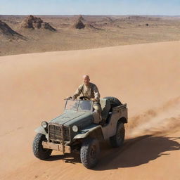 An adventurous scene featuring actor Bruce Willis and the character Tintin driving an all-terrain vehicle across an expansive desert.