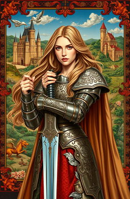 A medieval heroine in elaborate armor with intricate designs, leaning confidently on her gleaming sword