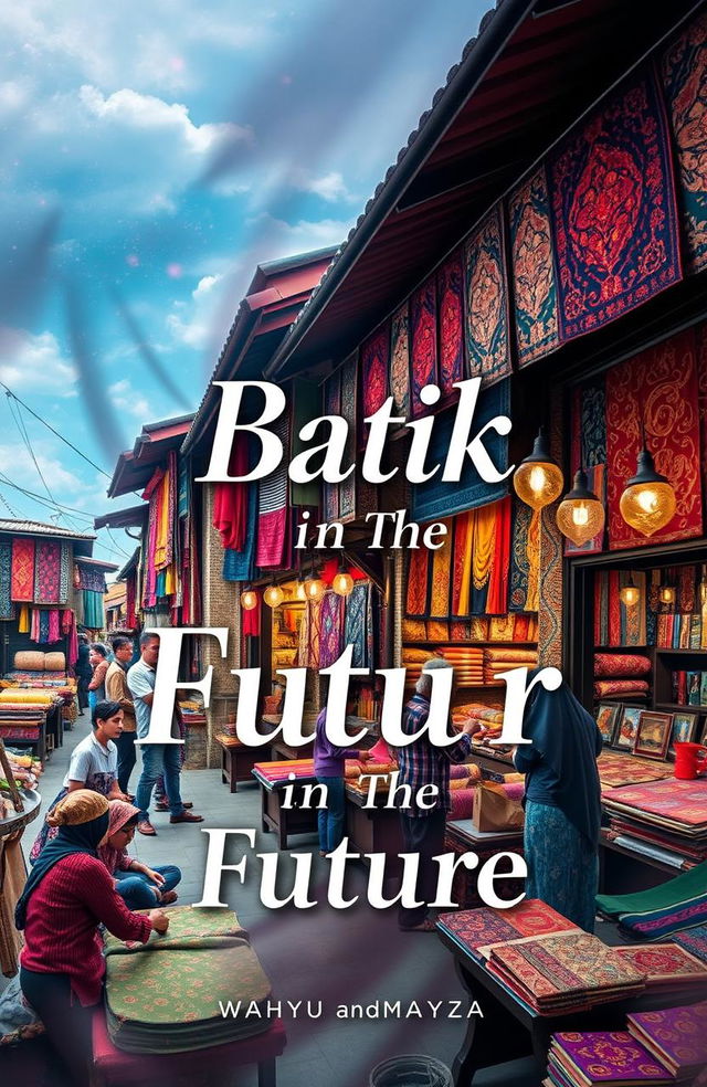 A captivating book cover poster titled 'Batik-in The Future', featuring vibrant and aesthetic images of traditional batik shops filled with colorful fabrics and intricate designs