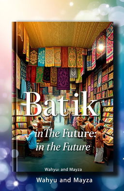 A captivating book cover poster titled 'Batik-in The Future', featuring vibrant and aesthetic images of traditional batik shops filled with colorful fabrics and intricate designs