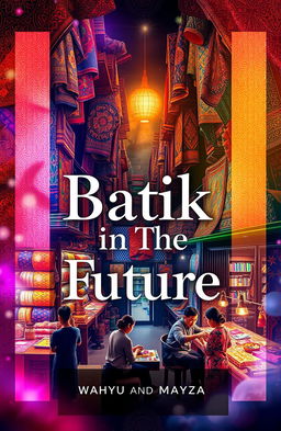 A captivating book cover poster titled 'Batik-in The Future', featuring vibrant and aesthetic images of traditional batik shops filled with colorful fabrics and intricate designs