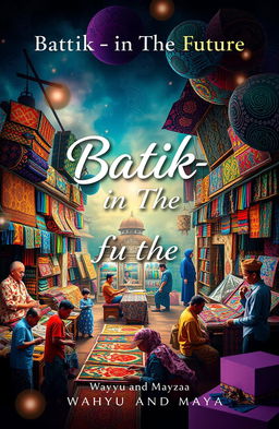 A captivating book cover poster titled 'Batik-in The Future', featuring vibrant and aesthetic images of traditional batik shops filled with colorful fabrics and intricate designs