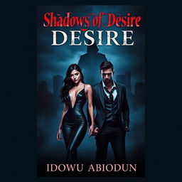 A book cover for "Shadows of Desire" by Idowu Abiodun featuring a dark city skyline as the backdrop