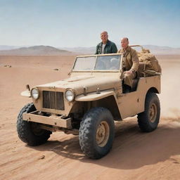 An adventurous scene featuring actor Bruce Willis and the character Tintin driving an all-terrain vehicle across an expansive desert.