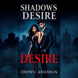 A book cover for "Shadows of Desire" by Idowu Abiodun featuring a dark city skyline as the backdrop