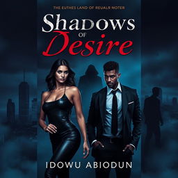 A book cover for "Shadows of Desire" by Idowu Abiodun featuring a dark city skyline as the backdrop