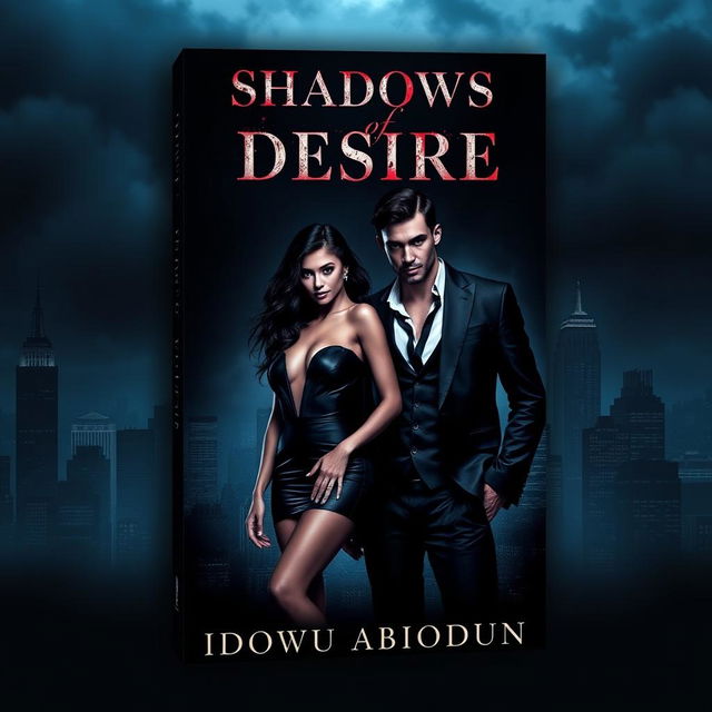 A book cover for "Shadows of Desire" by Idowu Abiodun featuring a dark city skyline as the backdrop