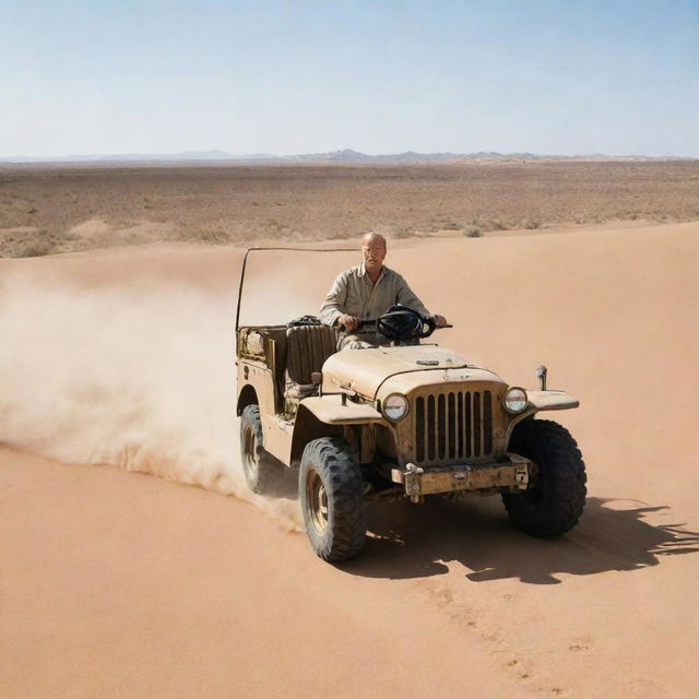 An adventurous scene featuring actor Bruce Willis and the character Tintin driving an all-terrain vehicle across an expansive desert.