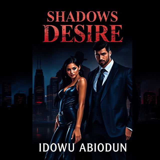 A book cover for "Shadows of Desire" by Idowu Abiodun, featuring a dark city skyline at night