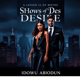 A book cover for "Shadows of Desire" by Idowu Abiodun, featuring a dark city skyline at night