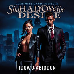 A book cover for "Shadows of Desire" by Idowu Abiodun, featuring a dark city skyline at night