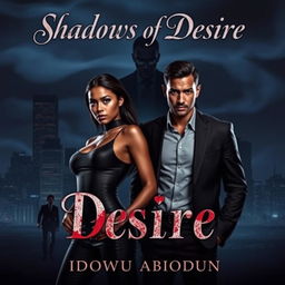A dramatic book cover for 'Shadows of Desire' by Idowu Abiodun, featuring a dark city skyline at night