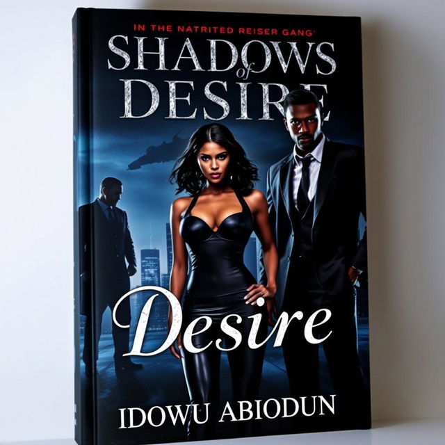 A dramatic book cover for 'Shadows of Desire' by Idowu Abiodun, featuring a dark city skyline at night