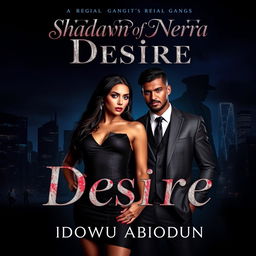 A dramatic book cover for 'Shadows of Desire' by Idowu Abiodun, featuring a dark city skyline at night