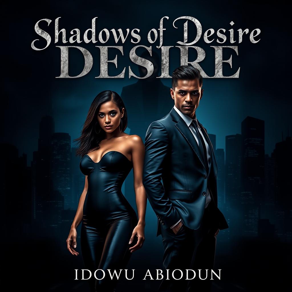 A dramatic book cover for 'Shadows of Desire' by Idowu Abiodun, featuring a dark city skyline at night