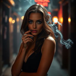 A stunning woman exuding confidence and allure as she smokes a cigarette