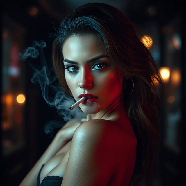 A stunning woman exuding confidence and allure as she smokes a cigarette