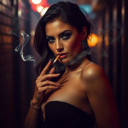 A stunning woman exuding confidence and allure as she smokes a cigarette