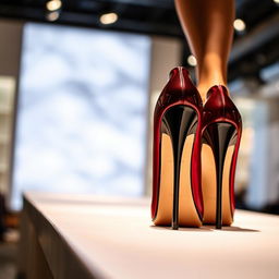 A striking pair of high heels showcased against a stylish backdrop