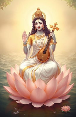 An ethereal depiction of Goddess Saraswati, embodying beauty and wisdom, adorned in a serene, flowing white and gold dress that reflects tranquility