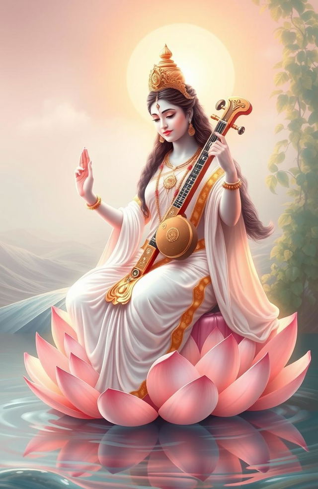 An ethereal depiction of Goddess Saraswati, embodying beauty and wisdom, adorned in a serene, flowing white and gold dress that reflects tranquility