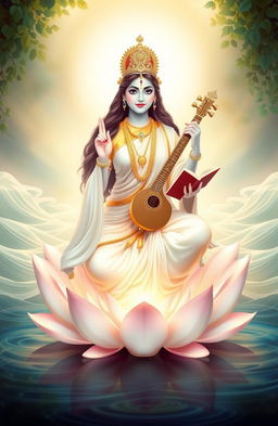 An ethereal depiction of Goddess Saraswati, embodying beauty and wisdom, adorned in a serene, flowing white and gold dress that reflects tranquility