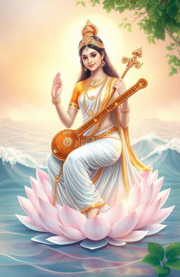 An ethereal depiction of Goddess Saraswati, embodying beauty and wisdom, adorned in a serene, flowing white and gold dress that reflects tranquility