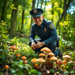 A humorous scene depicting a policeman in full uniform joyfully searching for mushrooms in a lush green forest