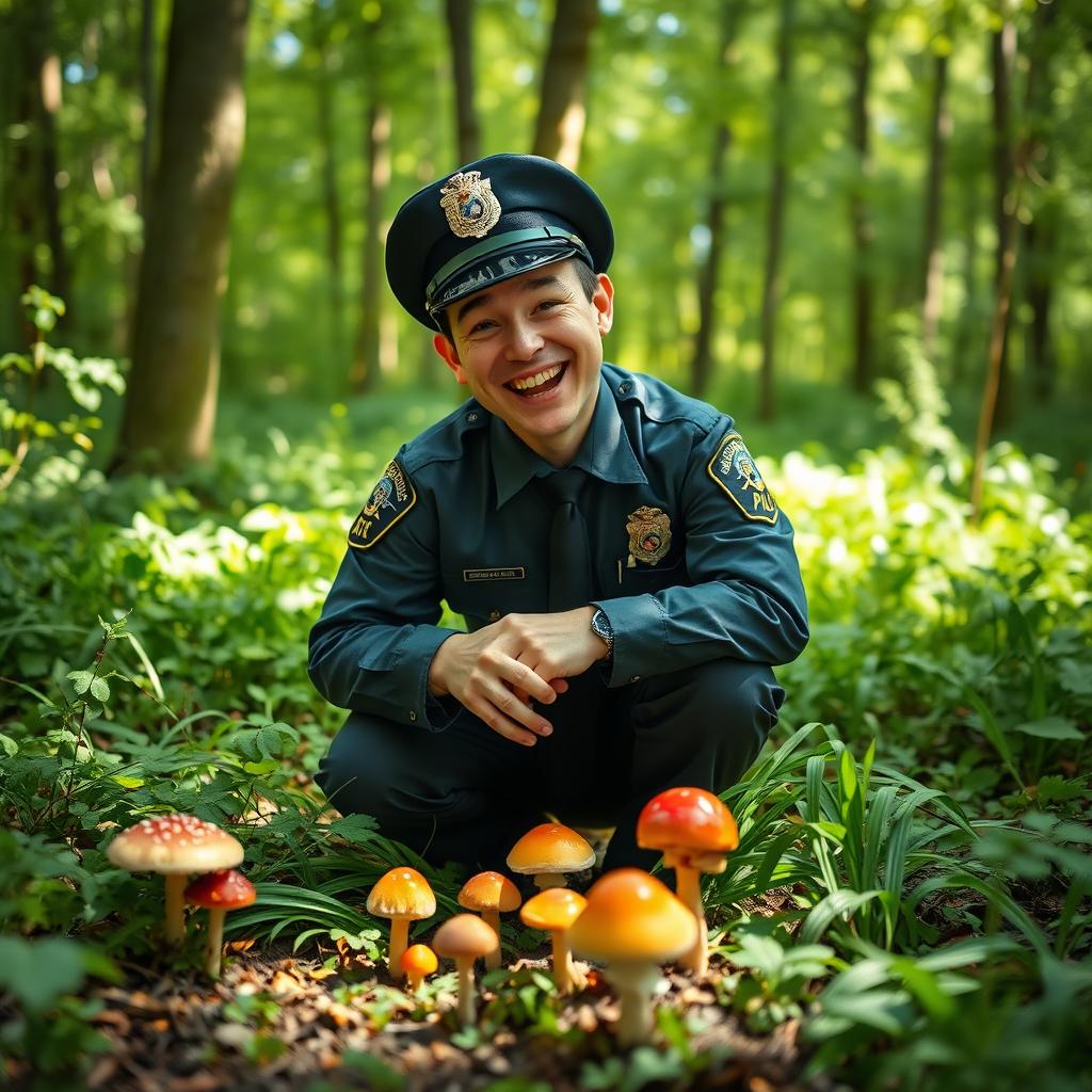 A humorous scene depicting a policeman in full uniform joyfully searching for mushrooms in a lush green forest