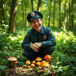 A humorous scene depicting a policeman in full uniform joyfully searching for mushrooms in a lush green forest